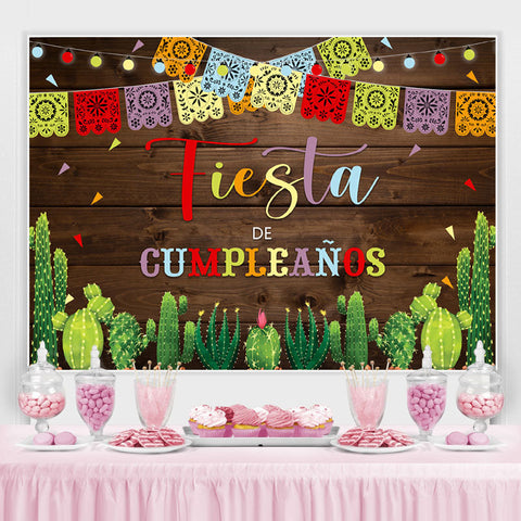 Fiesta Lace Pattern Cactus Toile de fond d'anniversaire en bois