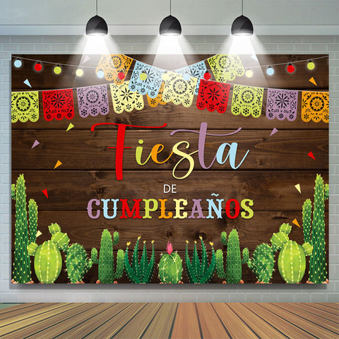 Fiesta Lace Pattern Cactus Toile de fond d'anniversaire en bois