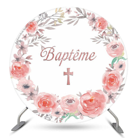 Toile de fond ronde de baptême de guirlande florale de première communion