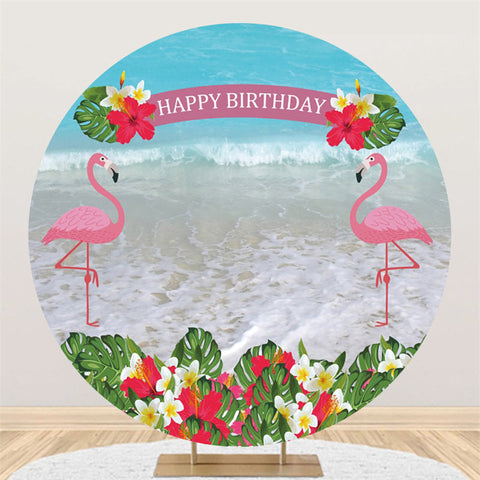 Toile de fond de cercle de joyeux anniversaire de plage d'Hawaï de flamant rose