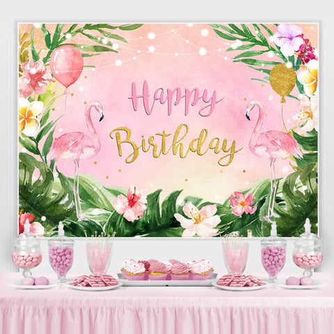 Flamants Roses et Feuilles Tropicales Toile de Fond Rose Anniversaire