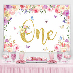 Toile de fond d'un anniversaire à paillettes florales et papillons