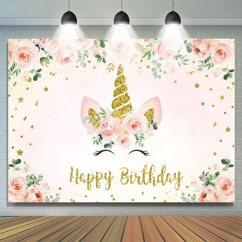 Toile de fond joyeux anniversaire licorne florale et scintillante