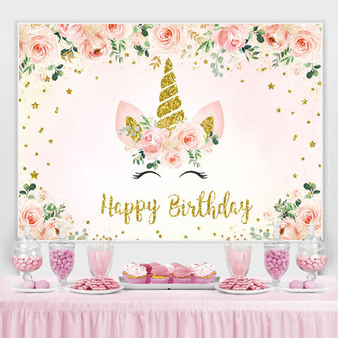 Toile de fond joyeux anniversaire licorne florale et scintillante