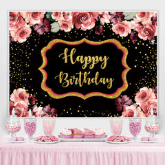 Toile de fond de joyeux anniversaire à pois floraux et dorés-noirs