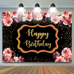 Toile de fond de joyeux anniversaire à pois floraux et dorés-noirs