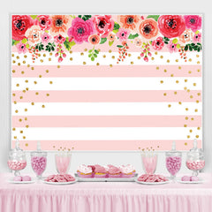 Toile de fond à rayures roses et blanches à pois floraux et dorés