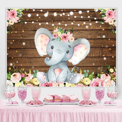 Toile de fond d'anniversaire en bois scintillant léger éléphant floral pour fille