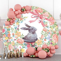 Fleurs florales, nœud rose, lapin gris, arrière-plan rond pour fête