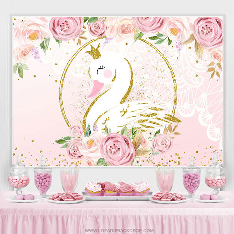 Paillettes florales et toile de fond de joyeux anniversaire de cygne rose