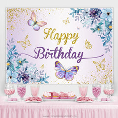 Toile de fond d'anniversaire de printemps de papillon de paillettes florales