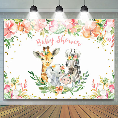 Toile de fond d'animaux à paillettes dorées florales pour fête de douche de bébé