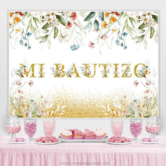 Toile de fond de douche de bébé Floral Gold Glitter Mi Bautizo