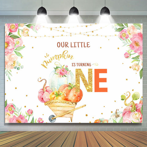 Floral Gold Glitter Out Little Pumpkin tourne une toile de fond d'anniversaire