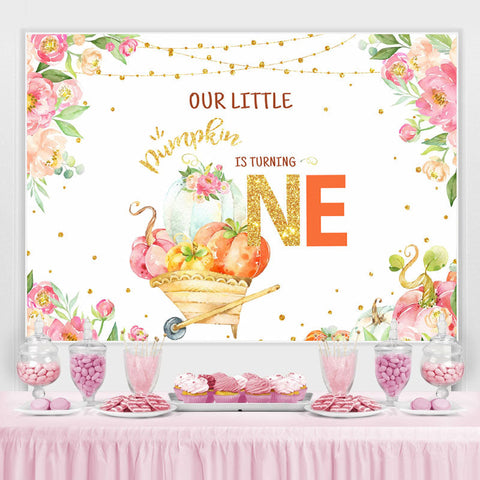 Floral Gold Glitter Out Little Pumpkin tourne une toile de fond d'anniversaire