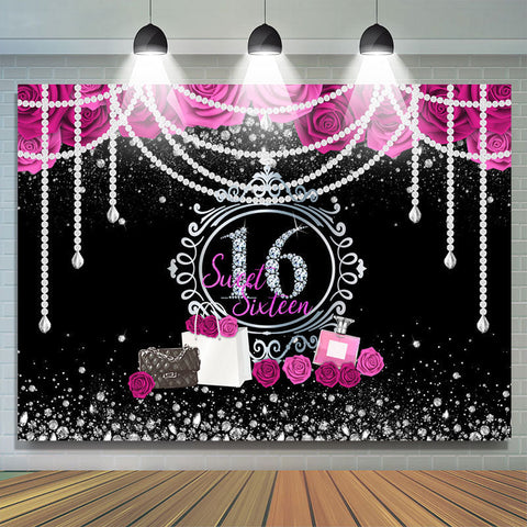 Perles florales Sweet 16 Diamond Silver Glitter Birthday Backdrop