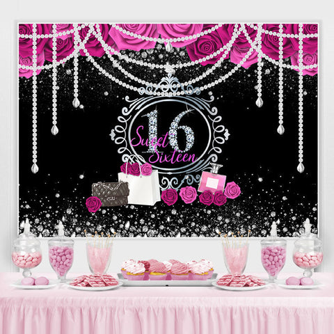 Perles florales Sweet 16 Diamond Silver Glitter Birthday Backdrop