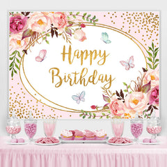 Toile de fond floral rose et or Bots joyeux anniversaire