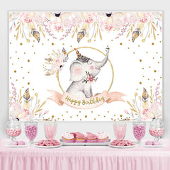 Toile de fond de paillettes d'or d'éléphant rose floral pour l'anniversaire