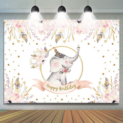 Toile de fond de paillettes d'or d'éléphant rose floral pour l'anniversaire