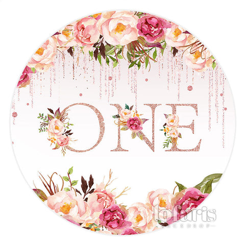 Floral Pink Glitter One 1er Anniversaire Toile de Fond Ronde