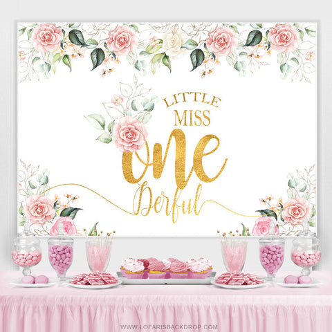 Toile de fond d'anniversaire floral rose Little Miss Onederful