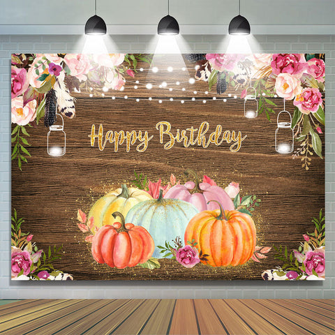 Citrouilles Florales Joyeux Anniversaire Lumières Toile de Fond de Fête en Bois pour Enfants