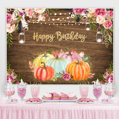 Citrouilles Florales Joyeux Anniversaire Lumières Toile de Fond de Fête en Bois pour Enfants