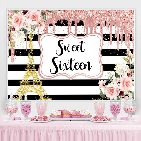 Floral Sweet Sixteen Pink Glitter Gold Tower Stripe Backdrop pour fille