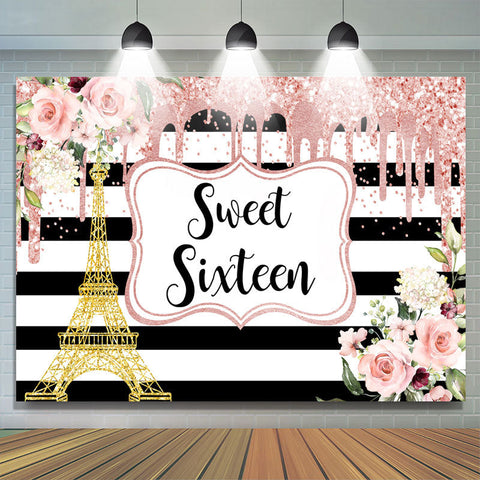 Floral Sweet Sixteen Pink Glitter Gold Tower Stripe Backdrop pour fille