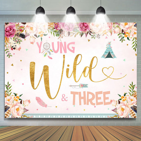 Floral Young Wild trois Joyeux 3e anniversaire Toile de fond