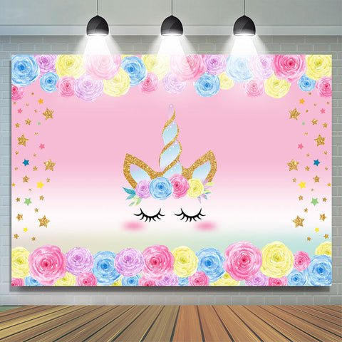 Toile de fond licorne florale et étoiles dorées pour enfants