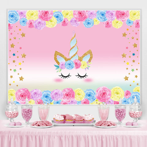 Toile de fond licorne florale et étoiles dorées pour enfants