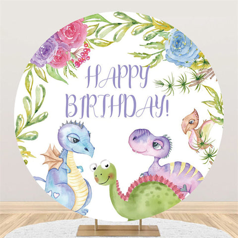 Fond de cercle de joyeux anniversaire de famille de fleurs et de dinosaures