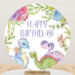 Fond de cercle de joyeux anniversaire de famille de fleurs et de dinosaures
