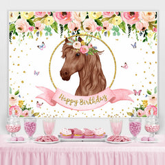 Fleurs roses papillon cheval joyeux anniversaire toile de fond