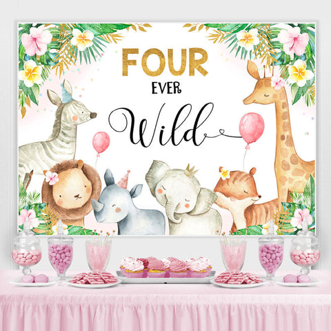 Toile de fond florale rose pour 4e anniversaire de quatre animaux sauvages pour filles