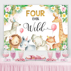 Toile de fond florale rose pour 4e anniversaire de quatre animaux sauvages pour filles