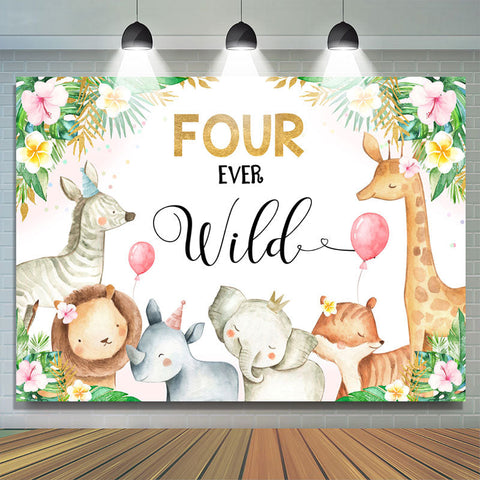 Toile de fond florale rose pour 4e anniversaire de quatre animaux sauvages pour filles