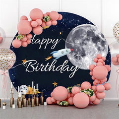 Toile de fond ronde de joyeux anniversaire de fusée de galaxie pour la fête