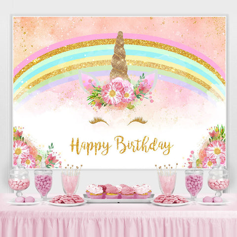 Toile de fond de joyeux anniversaire de licorne scintillante et florale