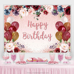 Ballons scintillants et toile de fond floral joyeux anniversaire