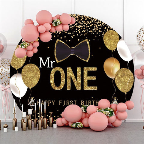 Toile De Fond Ronde D'anniversaire De Mr One De Noeud D'or Noir De Paillettes