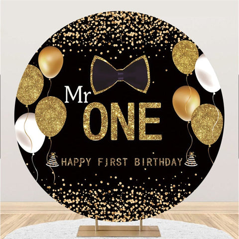 Toile De Fond Ronde D'anniversaire De Mr One De Noeud D'or Noir De Paillettes