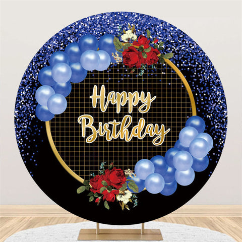 Ballons bleus scintillants fond de cercle d'anniversaire noir