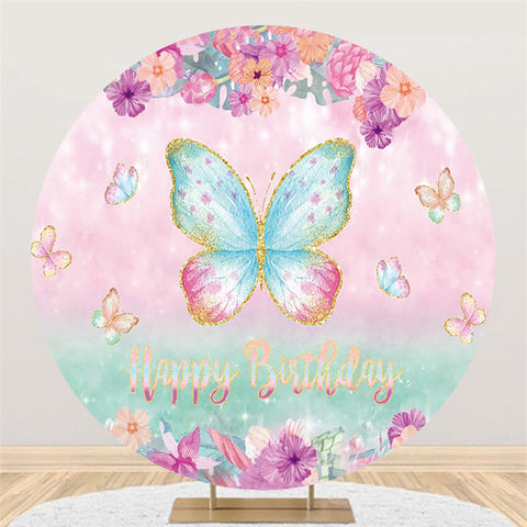 Toile de fond ronde de joyeux anniversaire de papillon mignon de scintillement