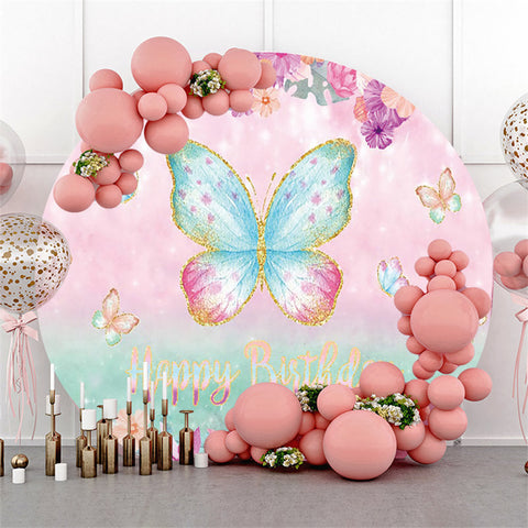 Toile de fond ronde de joyeux anniversaire de papillon mignon de scintillement