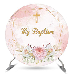 Couverture de toile de fond ronde de mon baptême avec croix florale scintillante