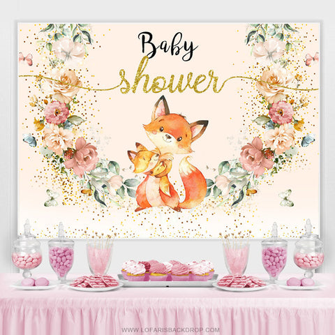 Toile de fond de fête de douche de bébé de maman de renard floral de paillettes