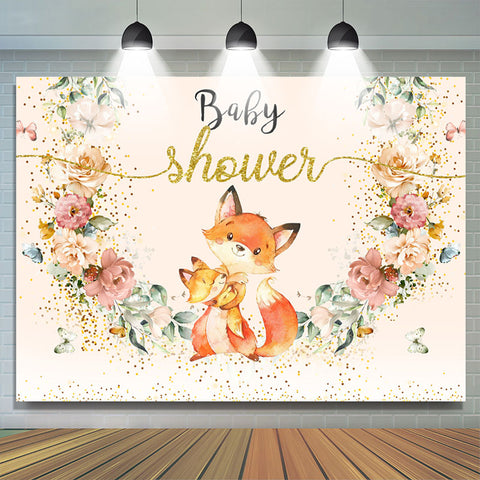 Toile de fond de fête de douche de bébé de maman de renard floral de paillettes